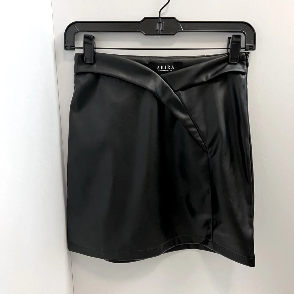 AKIRA Faux Leather Crossover Front Mini Skirt-Black - Picture 8 of 12